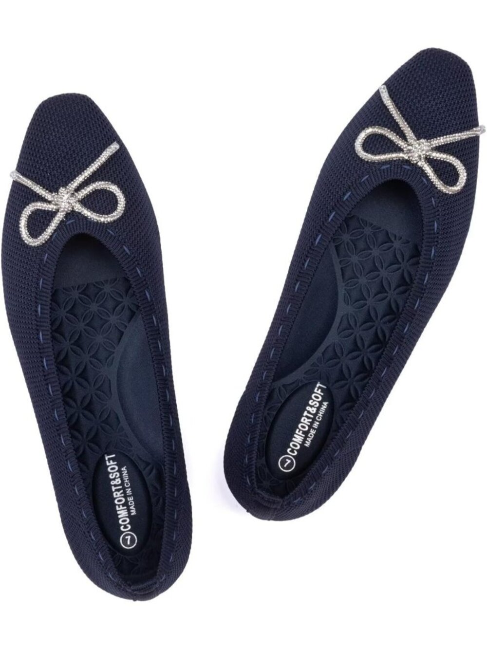 Women's Navy Rubber Knit Square Toe Rhinestone Bow Ballet Flats Flexible Shoes